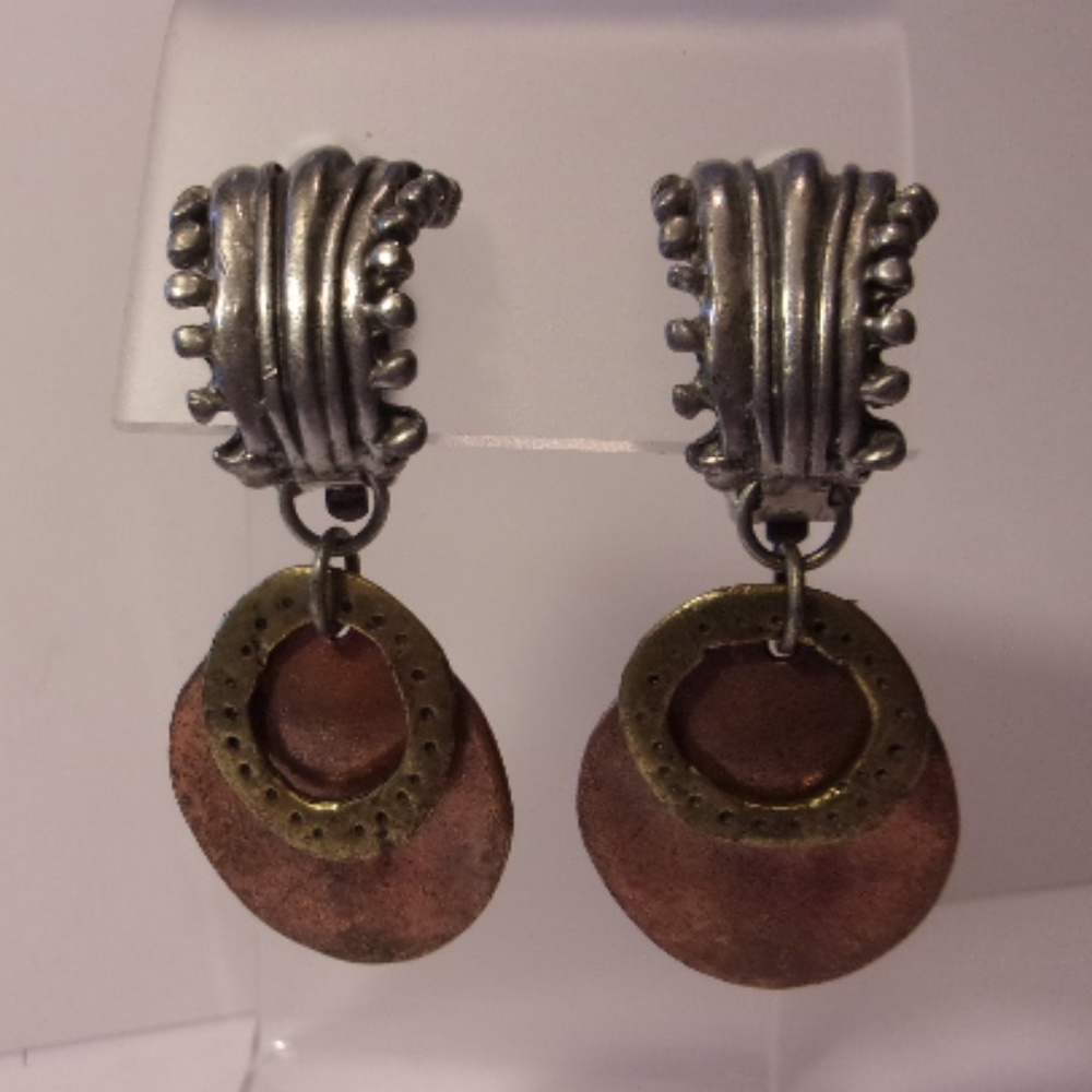 Southwest Style Tri Color Dangle Clip Earrings